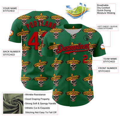 Custom Kelly Green Red-Black 3D Mexican Festival Skull With Sombrero Cinco de Mayo Authentic Baseball Jersey