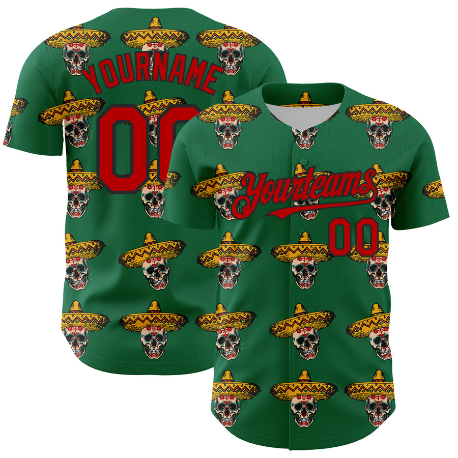 Custom Kelly Green Red-Black 3D Mexican Festival Skull With Sombrero Cinco de Mayo Authentic Baseball Jersey
