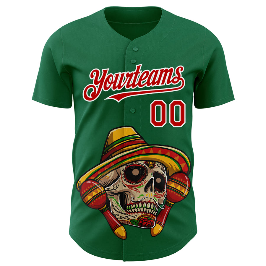 Custom Kelly Green Red-White 3D Mexican Festival Skull With Sombrero Cinco de Mayo Authentic Baseball Jersey