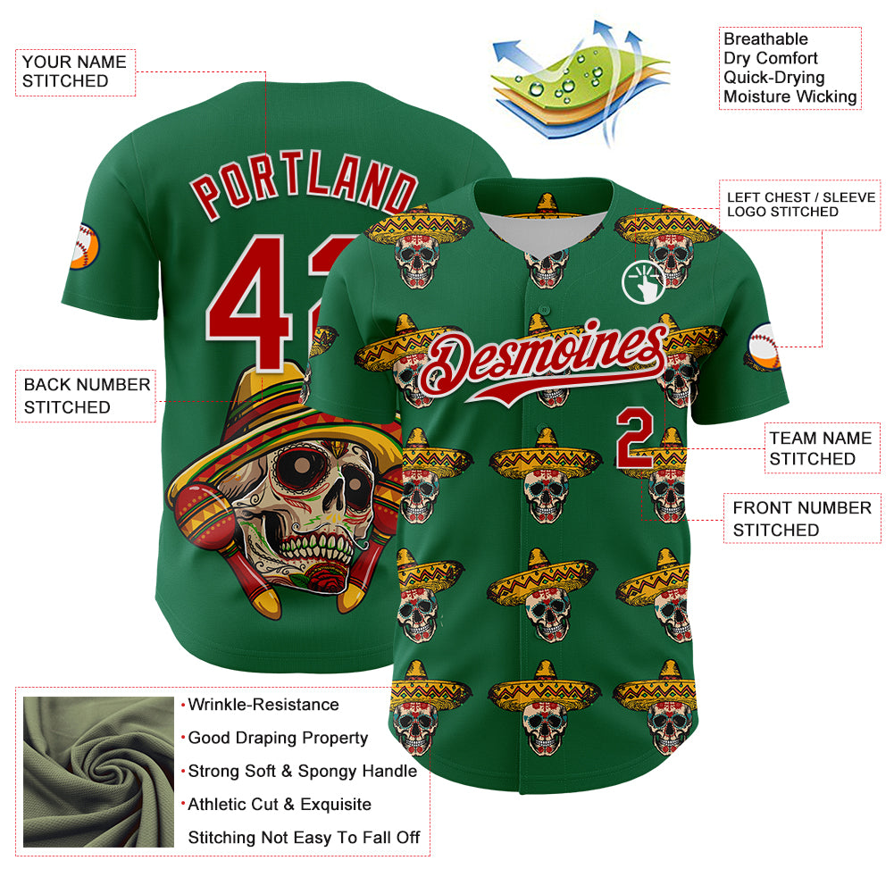 Custom Kelly Green Red-White 3D Mexican Festival Skull With Sombrero Cinco de Mayo Authentic Baseball Jersey
