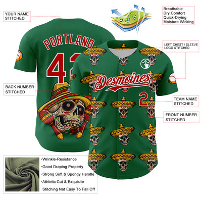 Custom Kelly Green Red-White 3D Mexican Festival Skull With Sombrero Cinco de Mayo Authentic Baseball Jersey