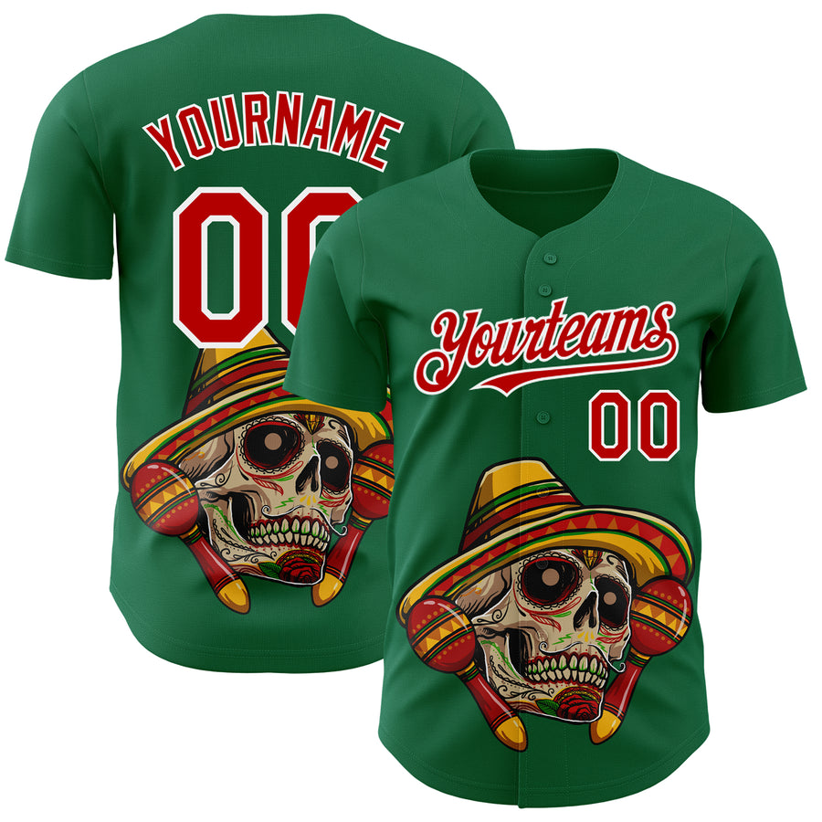 Custom Kelly Green Red-White 3D Mexican Festival Skull With Sombrero Cinco de Mayo Authentic Baseball Jersey