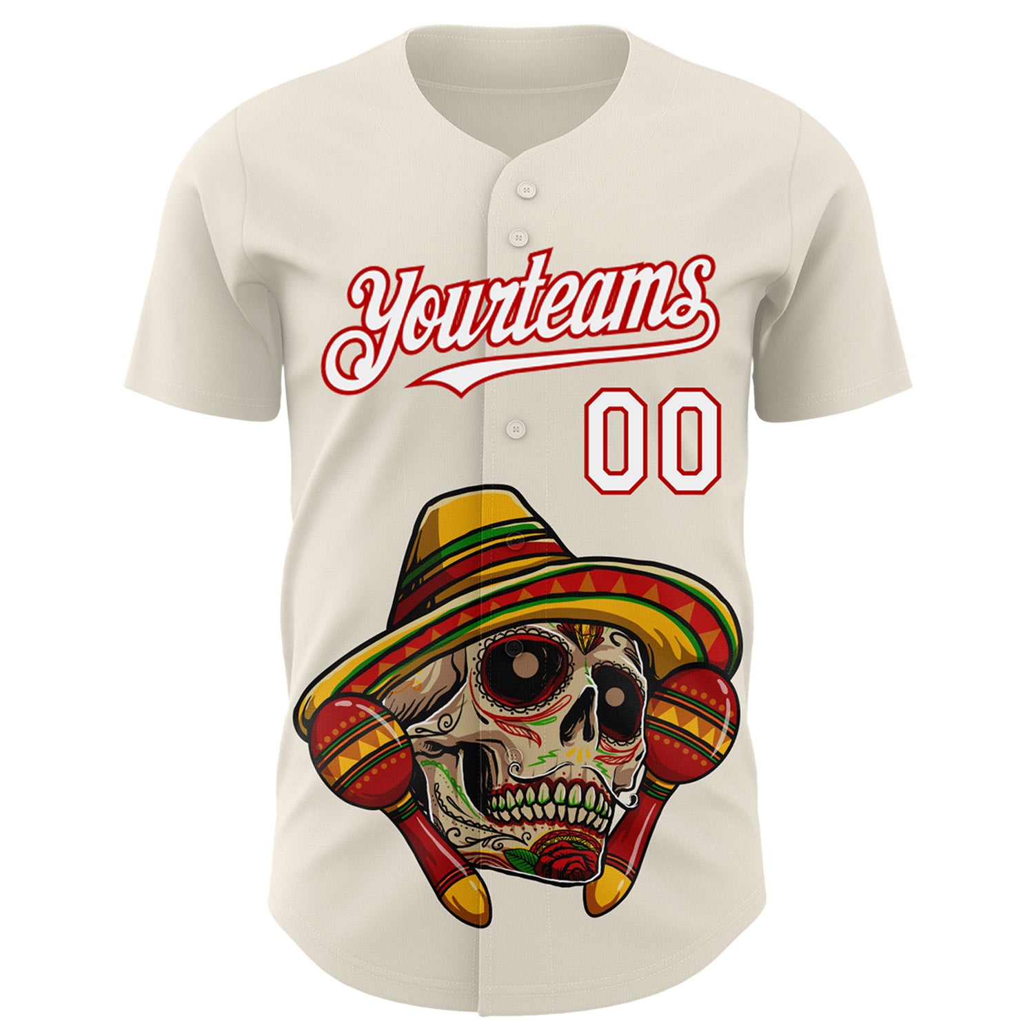 Custom Cream White-Red 3D Mexican Festival Skull With Sombrero Cinco de Mayo Authentic Baseball Jersey