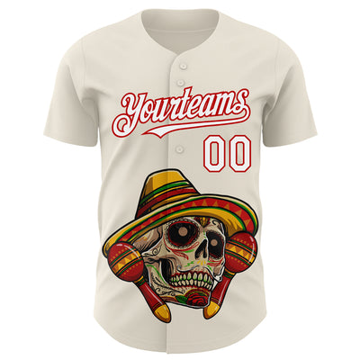 Custom Cream White-Red 3D Mexican Festival Skull With Sombrero Cinco de Mayo Authentic Baseball Jersey