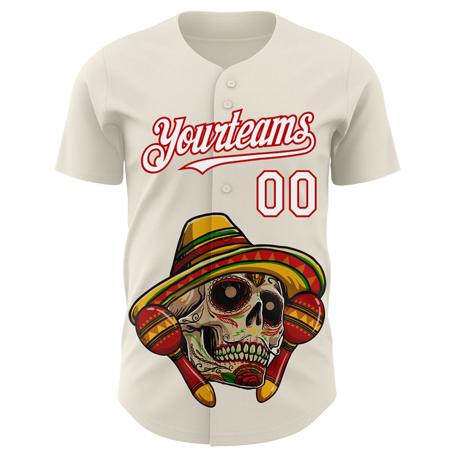 Custom Cream White-Red 3D Mexican Festival Skull With Sombrero Cinco de Mayo Authentic Baseball Jersey