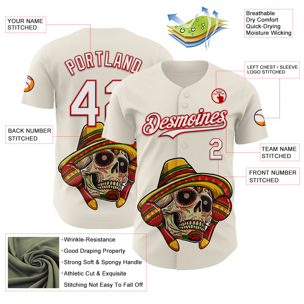 Custom Cream White-Red 3D Mexican Festival Skull With Sombrero Cinco de Mayo Authentic Baseball Jersey