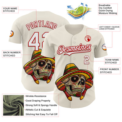 Custom Cream White-Red 3D Mexican Festival Skull With Sombrero Cinco de Mayo Authentic Baseball Jersey