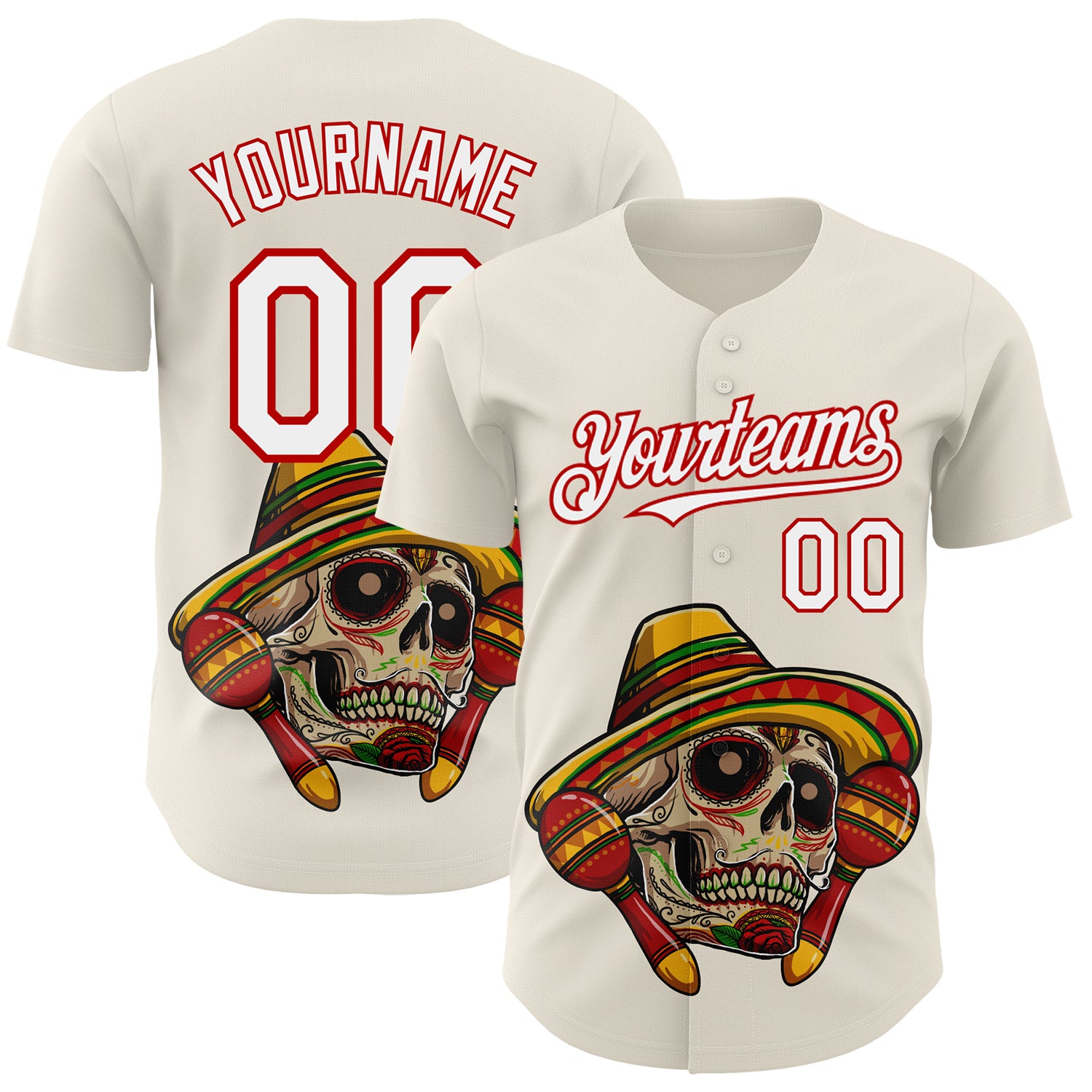 Custom Cream White-Red 3D Mexican Festival Skull With Sombrero Cinco de Mayo Authentic Baseball Jersey
