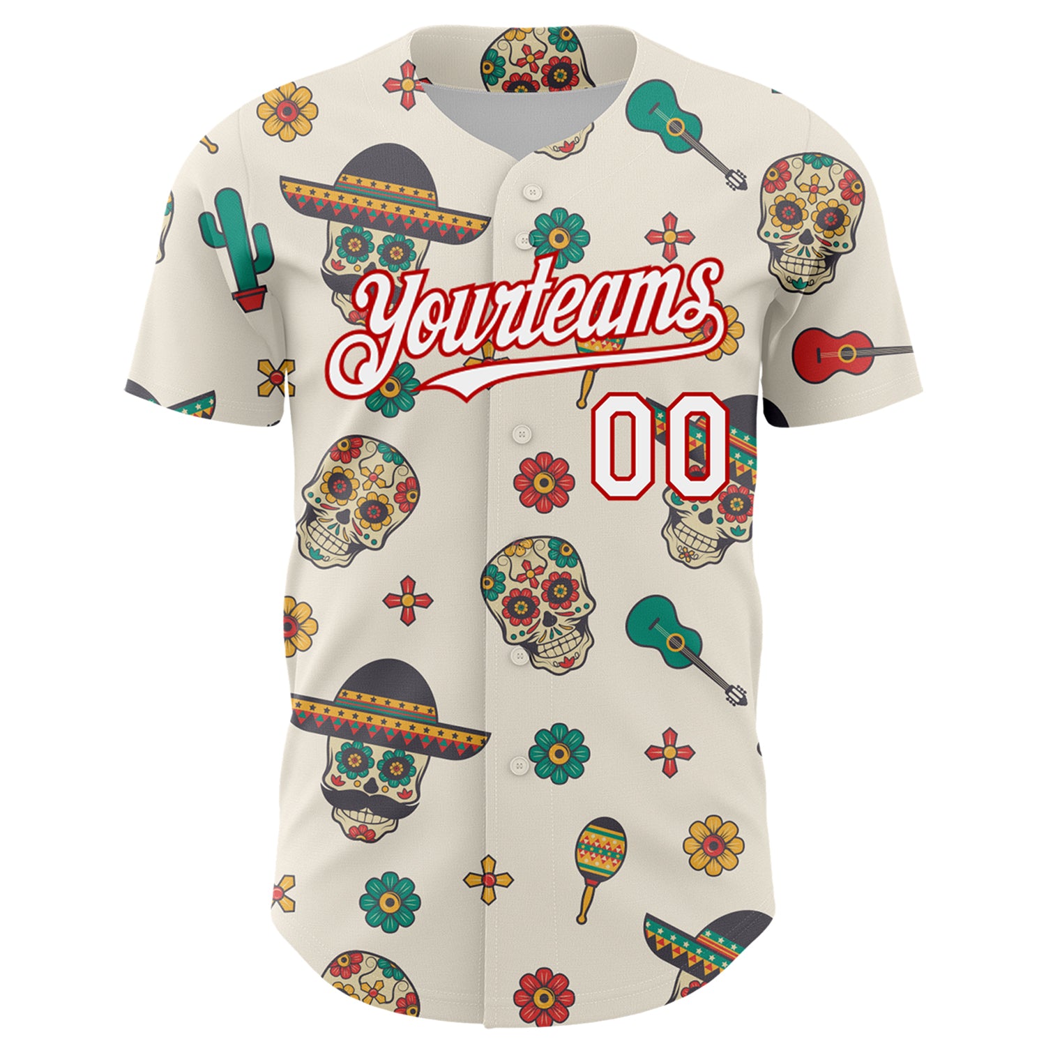 Custom Cream White-Red 3D Mexican Festival Cactus Skull With Sombrero Cinco de Mayo Authentic Baseball Jersey