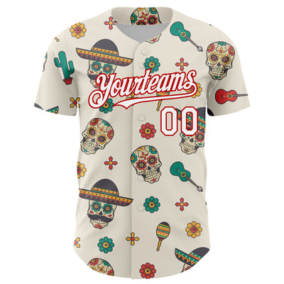 Custom Cream White-Red 3D Mexican Festival Cactus Skull With Sombrero Cinco de Mayo Authentic Baseball Jersey