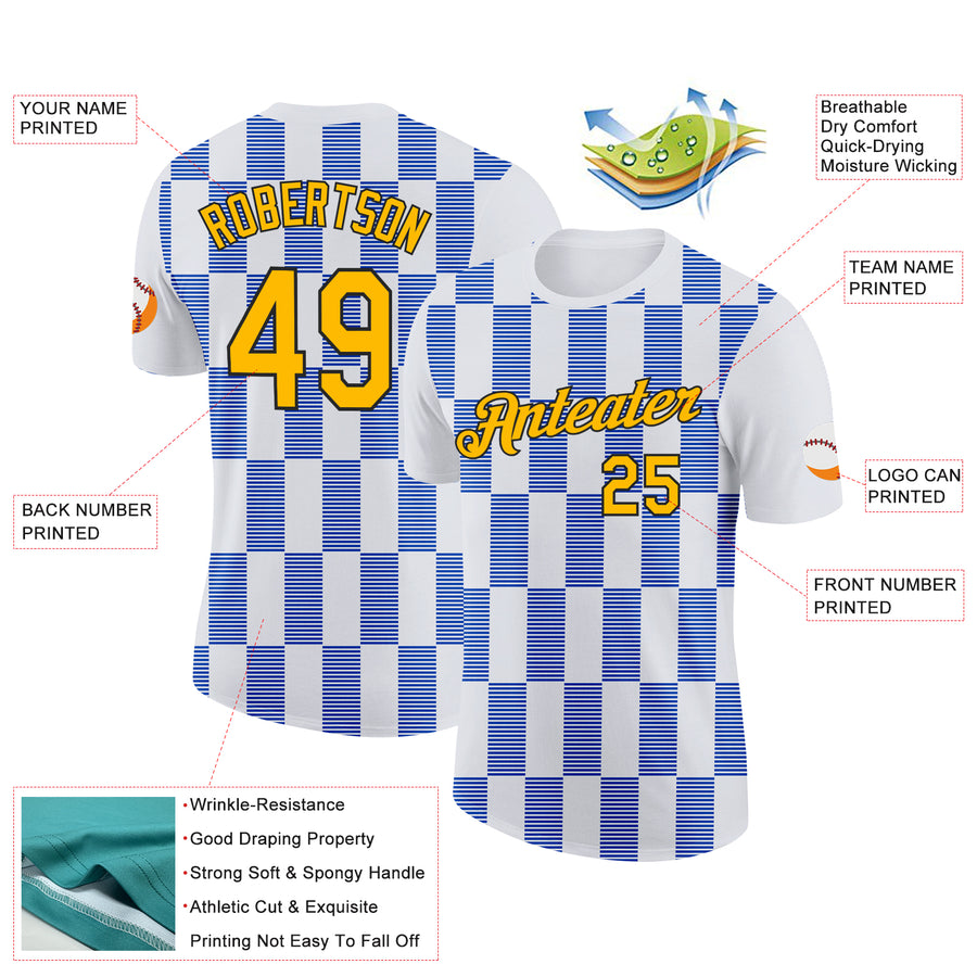 Custom White Gold Thunder Blue-Black 3D Esports Performance T-Shirt