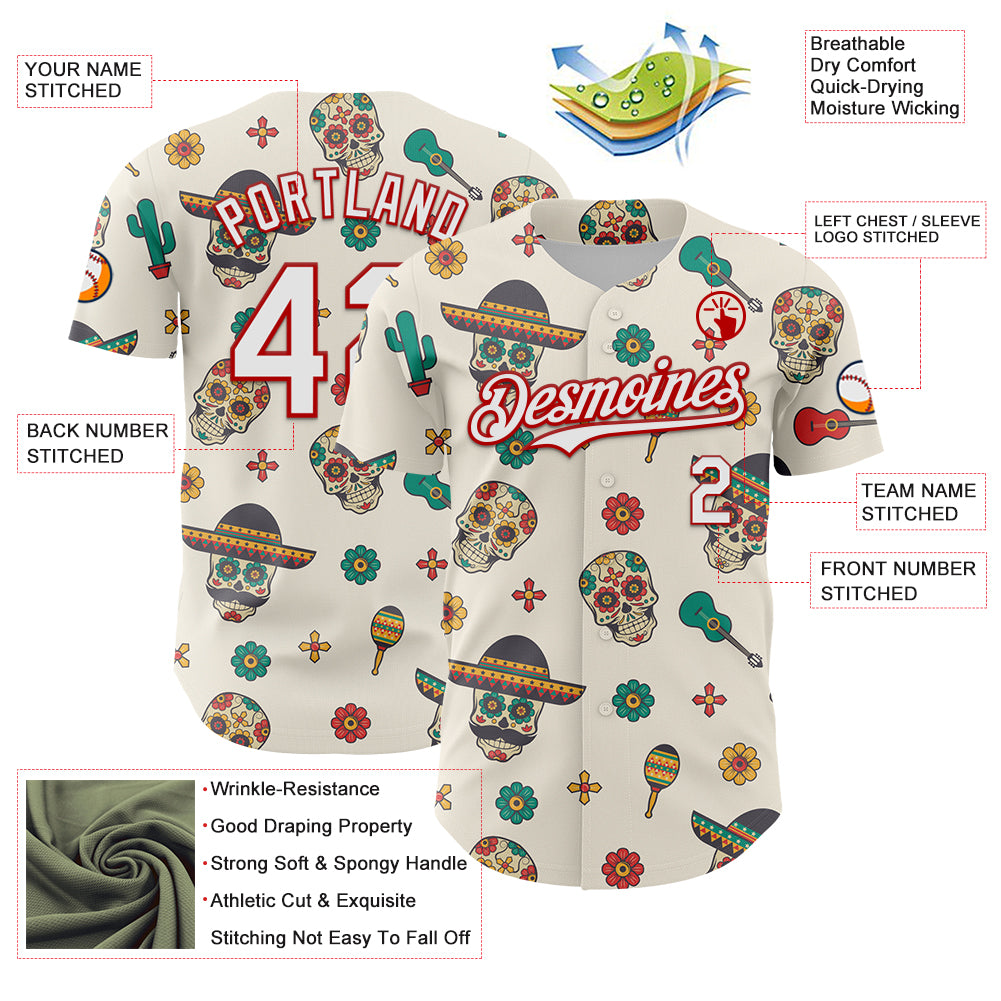 Custom Cream White-Red 3D Mexican Festival Cactus Skull With Sombrero Cinco de Mayo Authentic Baseball Jersey