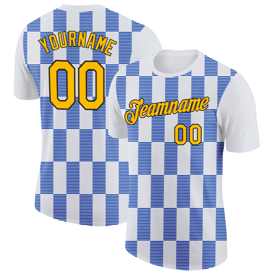 Custom White Gold Thunder Blue-Black 3D Esports Performance T-Shirt