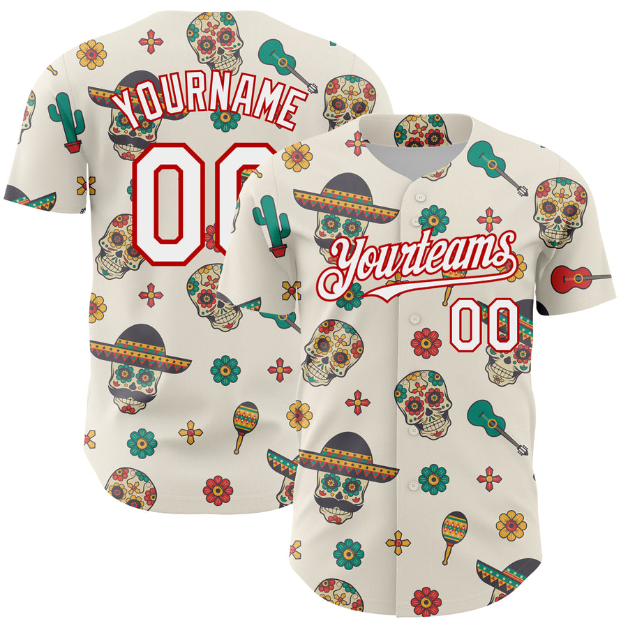 Custom Cream White-Red 3D Mexican Festival Cactus Skull With Sombrero Cinco de Mayo Authentic Baseball Jersey