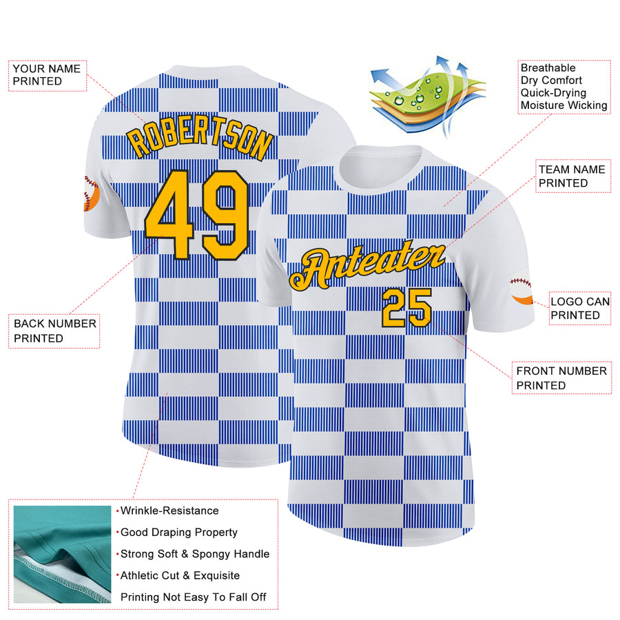 Custom White Gold Thunder Blue-Black 3D Esports Performance T-Shirt