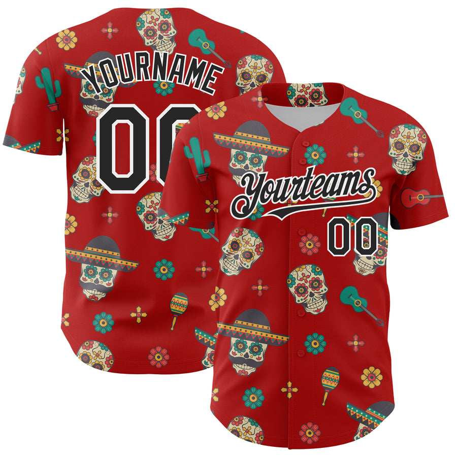 Custom Red Black-White 3D Mexican Festival Cactus Skull With Sombrero Cinco de Mayo Authentic Baseball Jersey
