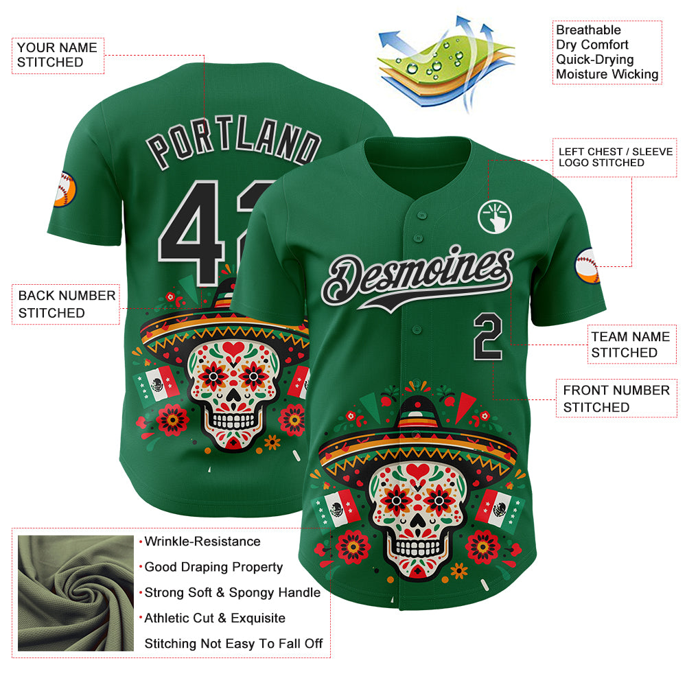Custom Kelly Green Black-White 3D Mexican Festival Flag Skull With Sombrero Cinco de Mayo Authentic Baseball Jersey