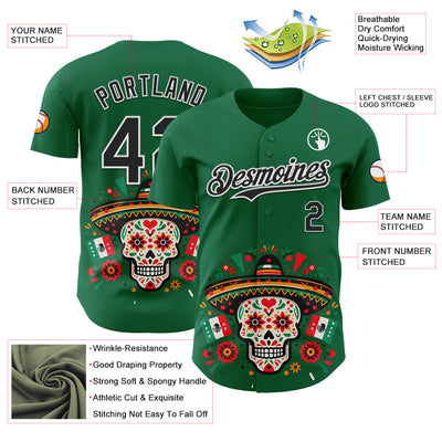 Custom Kelly Green Black-White 3D Mexican Festival Flag Skull With Sombrero Cinco de Mayo Authentic Baseball Jersey