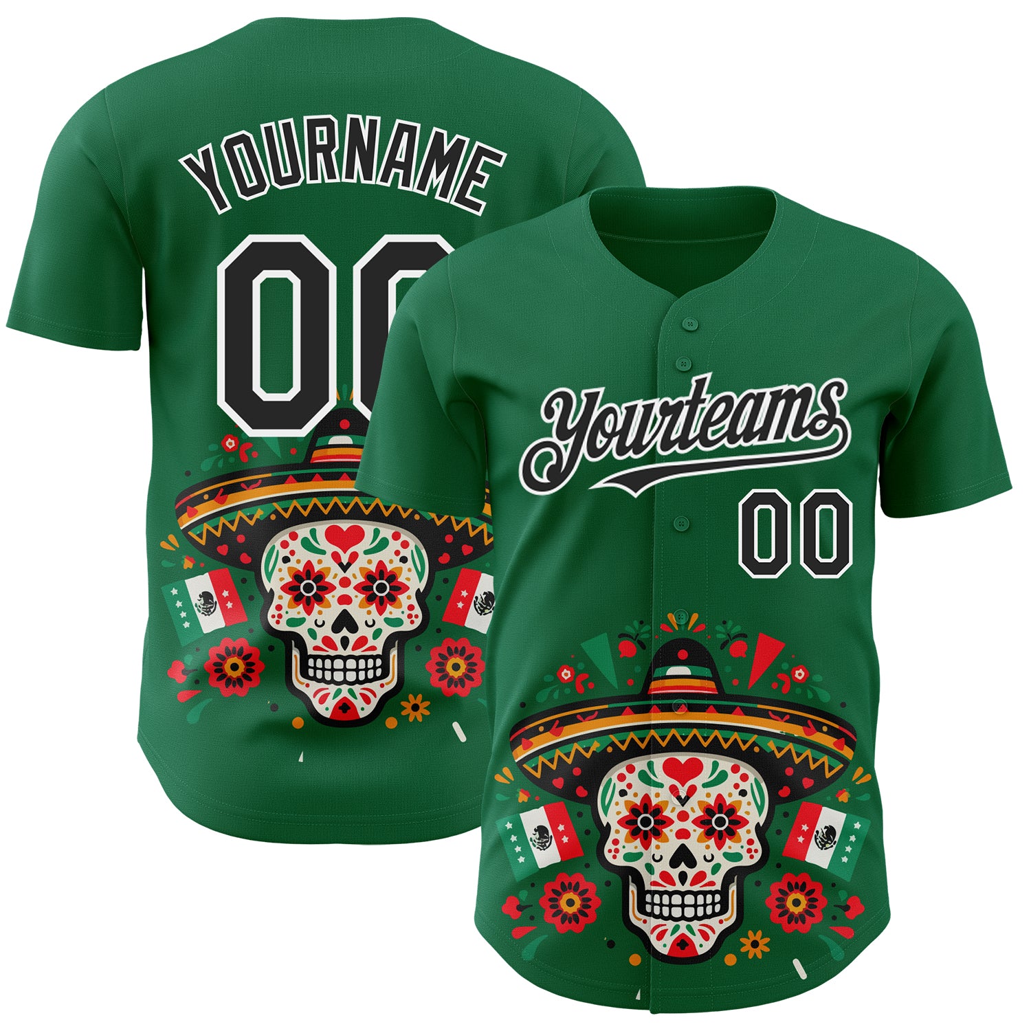 Custom Kelly Green Black-White 3D Mexican Festival Flag Skull With Sombrero Cinco de Mayo Authentic Baseball Jersey