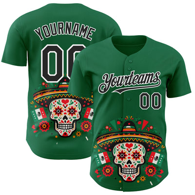 Custom Kelly Green Black-White 3D Mexican Festival Flag Skull With Sombrero Cinco de Mayo Authentic Baseball Jersey