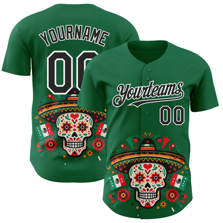 Custom Kelly Green Black-White 3D Mexican Festival Flag Skull With Sombrero Cinco de Mayo Authentic Baseball Jersey