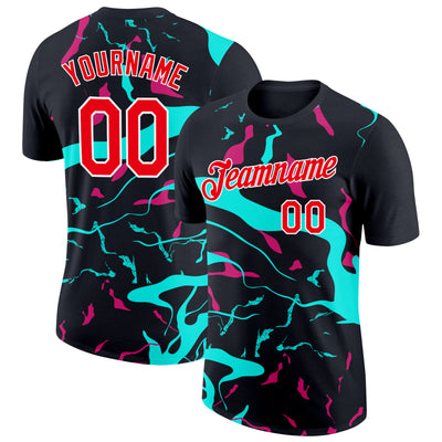 Custom Black Fire Red Ice Blue-Hot Pink 3D Esports Performance T-Shirt