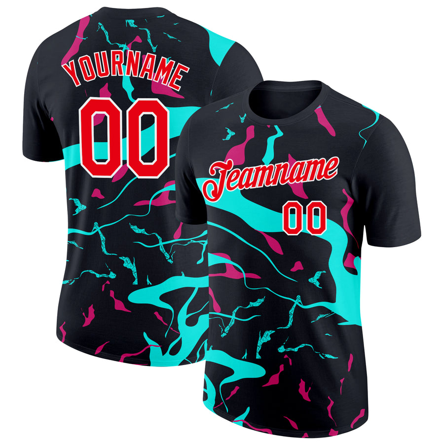 Custom Black Fire Red Ice Blue-Hot Pink 3D Esports Performance T-Shirt
