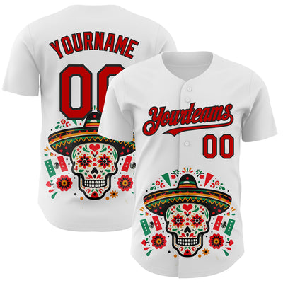 Custom White Red-Black 3D Mexican Festival Flag Skull With Sombrero Cinco de Mayo Authentic Baseball Jersey