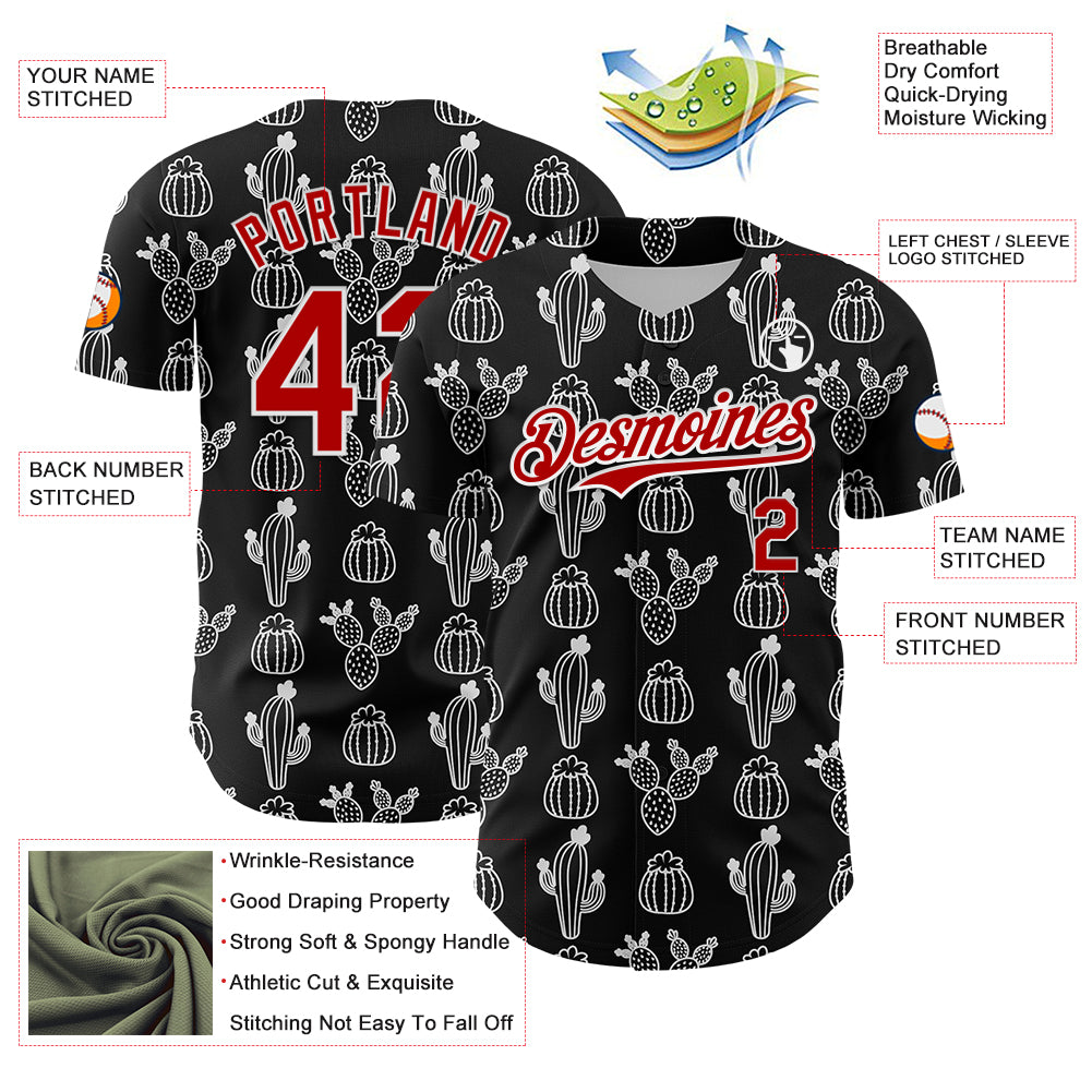 Custom Black Red-White 3D Mexican Cactus Authentic Baseball Jersey