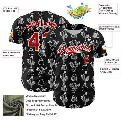 Custom Black Red-White 3D Mexican Cactus Authentic Baseball Jersey