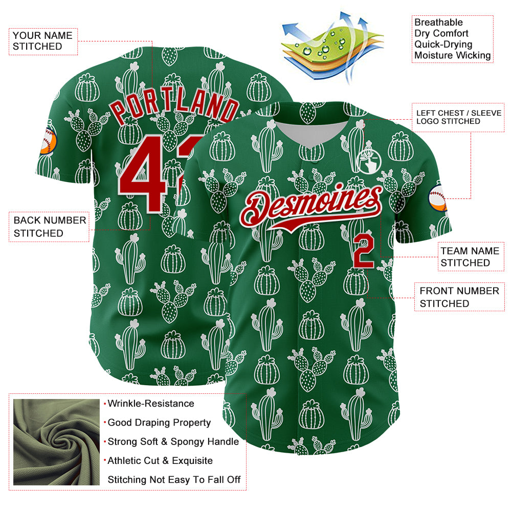Custom Kelly Green Red-White 3D Mexican Cactus Authentic Baseball Jersey