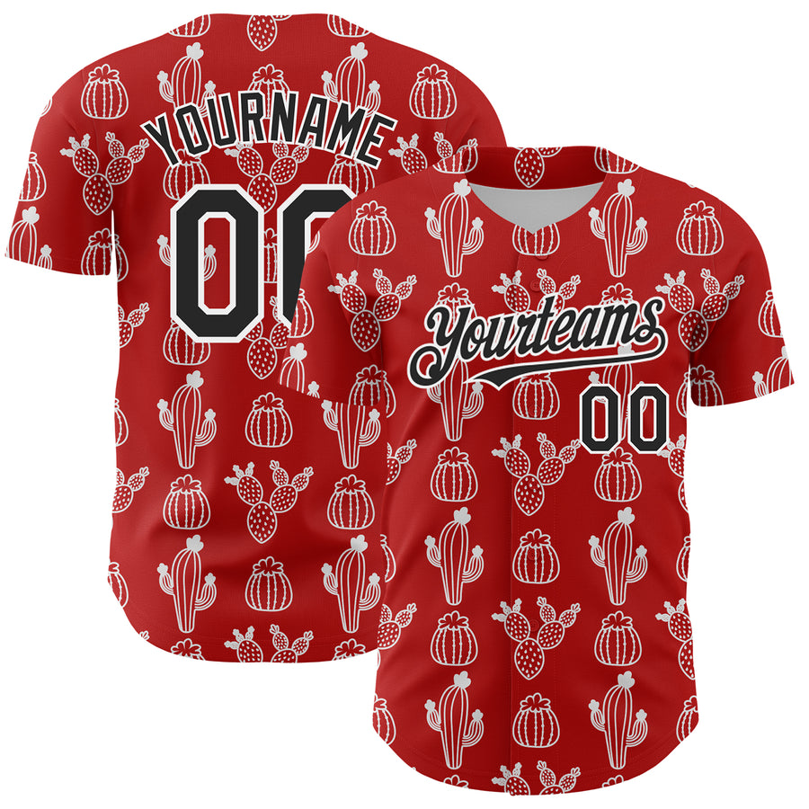 Custom Red Black-White 3D Mexican Cactus Authentic Baseball Jersey
