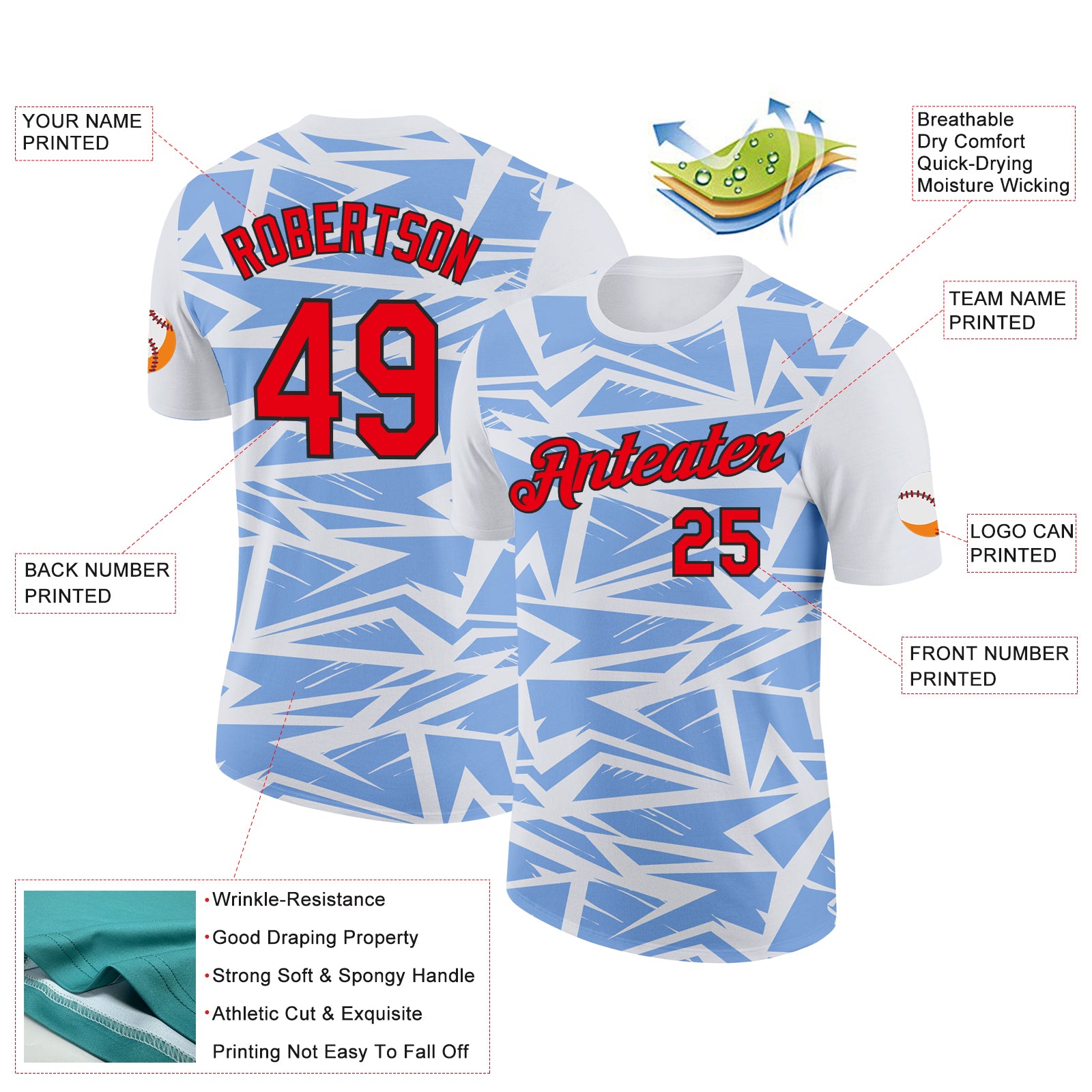 Custom White Fire Red Light Blue-Black 3D Esports Performance T-Shirt