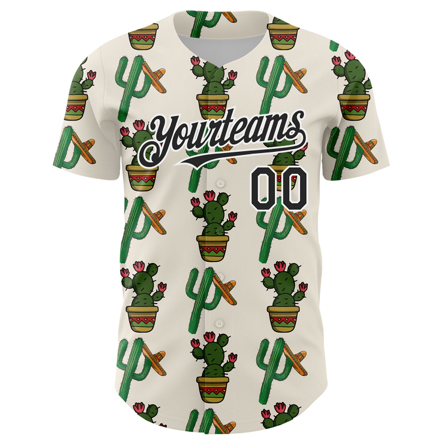 Custom Cream Black-White 3D Mexican Cactus Authentic Baseball Jersey