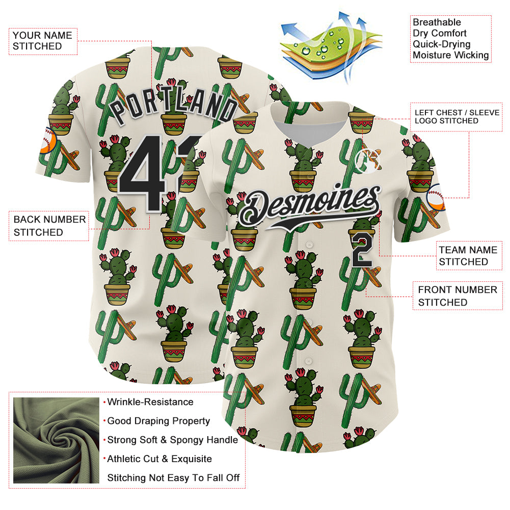 Custom Cream Black-White 3D Mexican Cactus Authentic Baseball Jersey