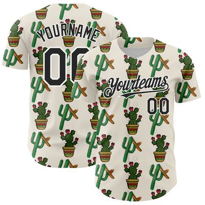 Custom Cream Black-White 3D Mexican Cactus Authentic Baseball Jersey