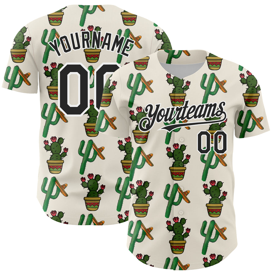 Custom Cream Black-White 3D Mexican Cactus Authentic Baseball Jersey