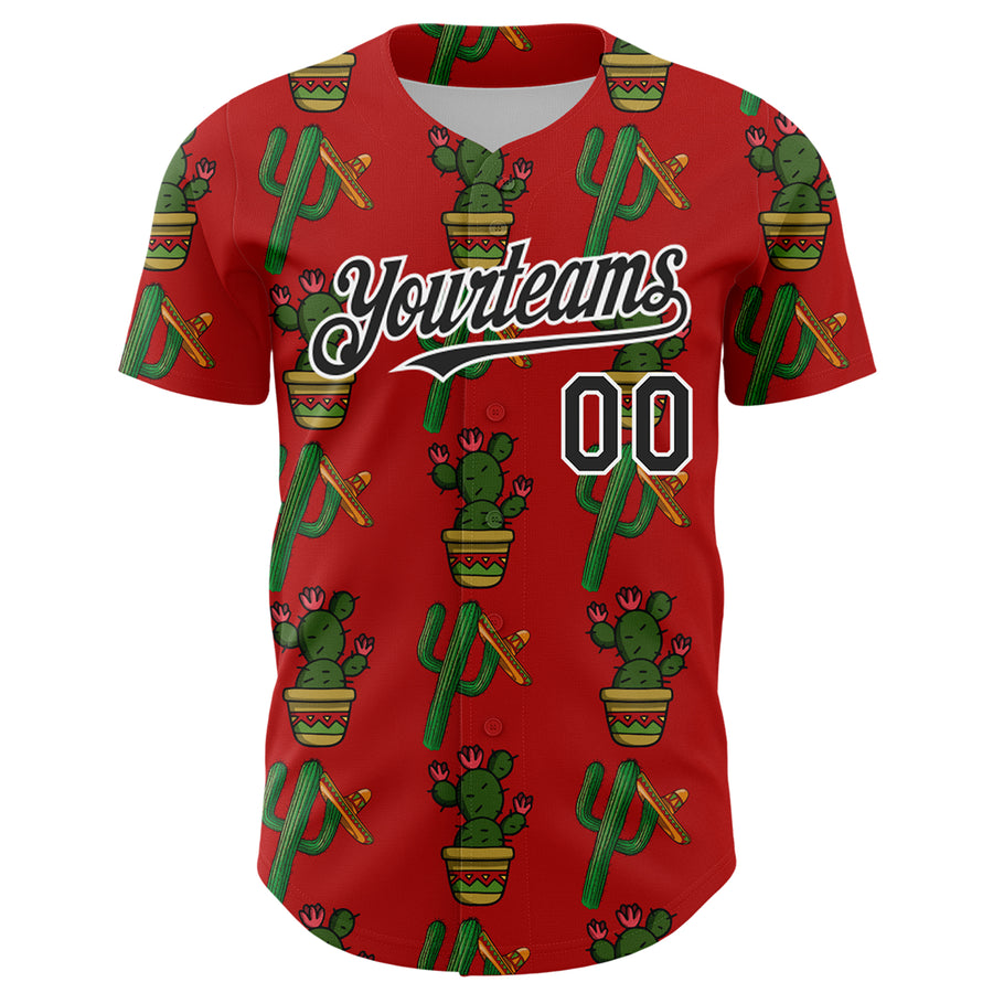 Custom Red Black-White 3D Mexican Cactus Authentic Baseball Jersey