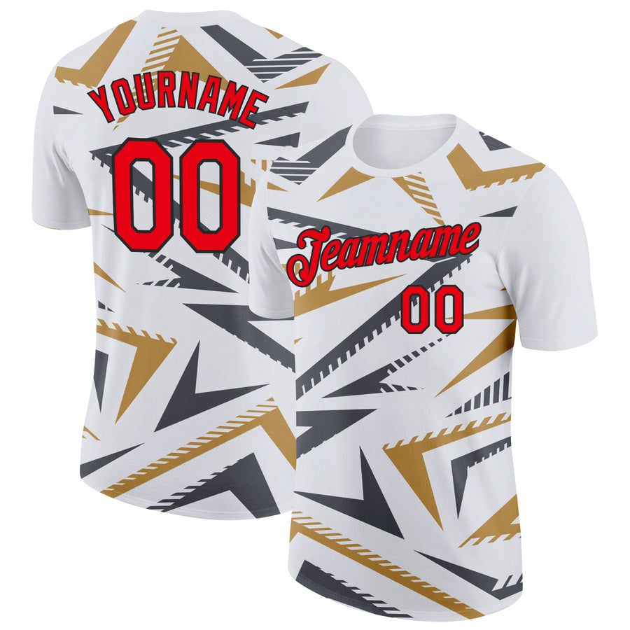 Custom White Fire Red Steel Gray Old Gold-Black 3D Esports Performance T-Shirt
