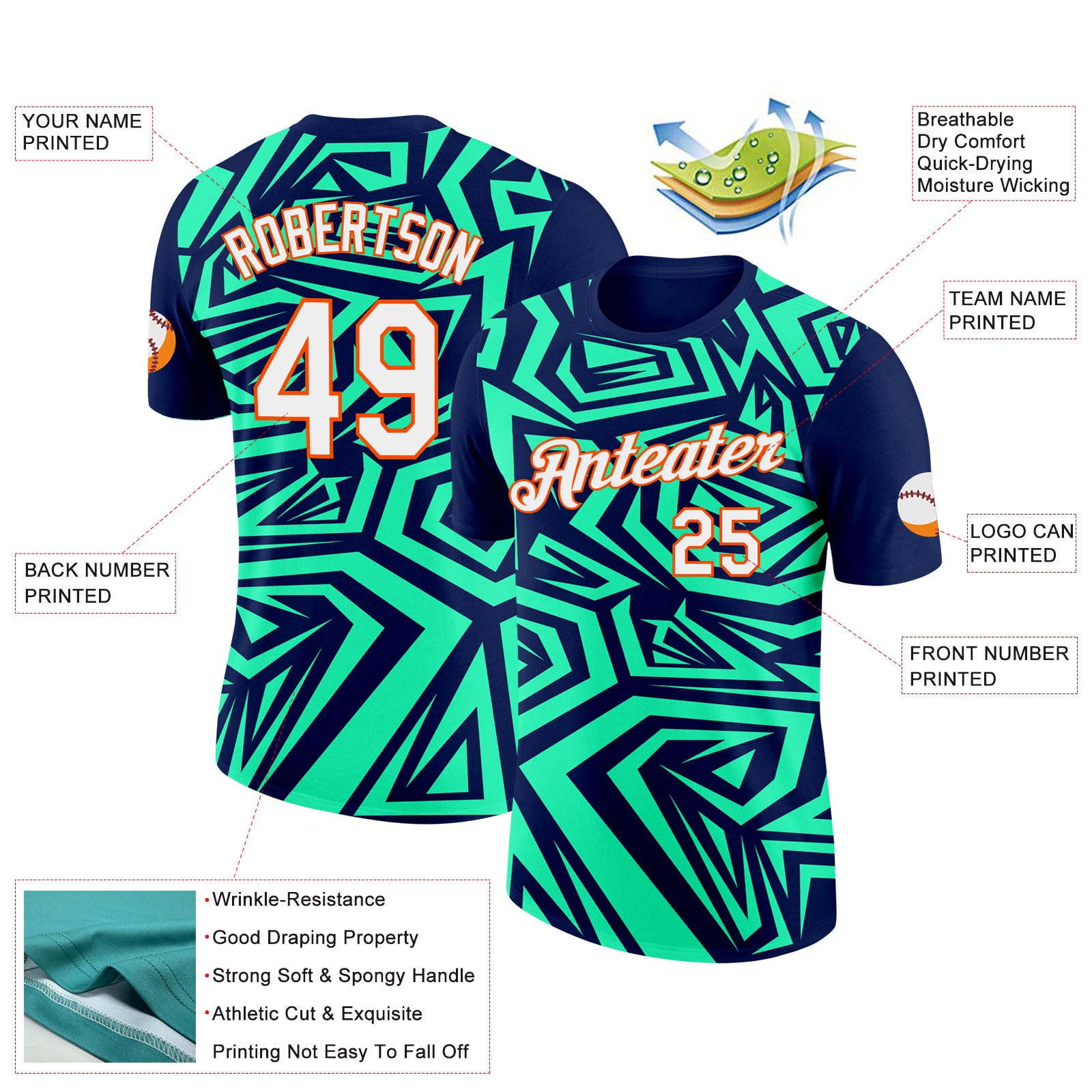 Custom Navy Pea Green-Orange 3D Esports Performance T-Shirt