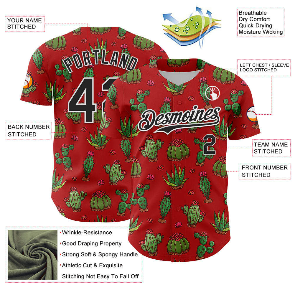 Custom Red Black-White 3D Mexican Cactus Authentic Baseball Jersey
