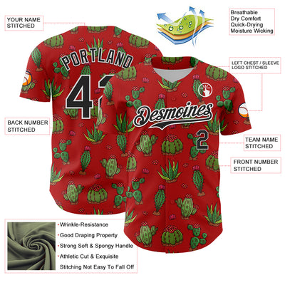 Custom Red Black-White 3D Mexican Cactus Authentic Baseball Jersey