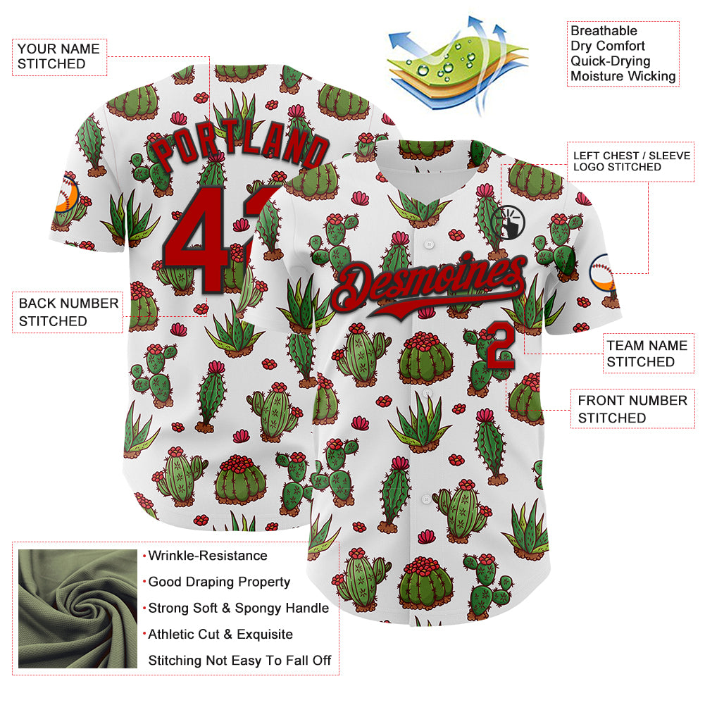 Custom White Red-Black 3D Mexican Cactus Authentic Baseball Jersey