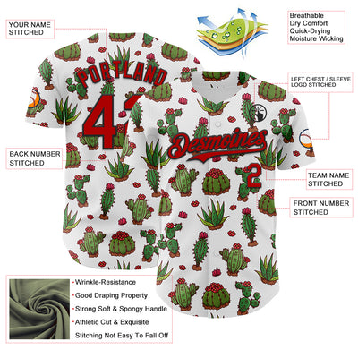 Custom White Red-Black 3D Mexican Cactus Authentic Baseball Jersey