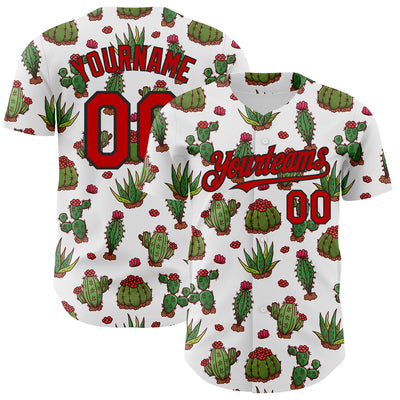 Custom White Red-Black 3D Mexican Cactus Authentic Baseball Jersey