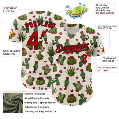 Custom Cream Red-Black 3D Mexican Cactus Authentic Baseball Jersey