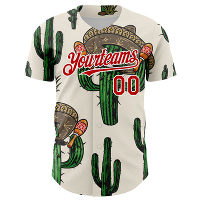 Custom Cream Red-White 3D Mexican Cactus Authentic Baseball Jersey