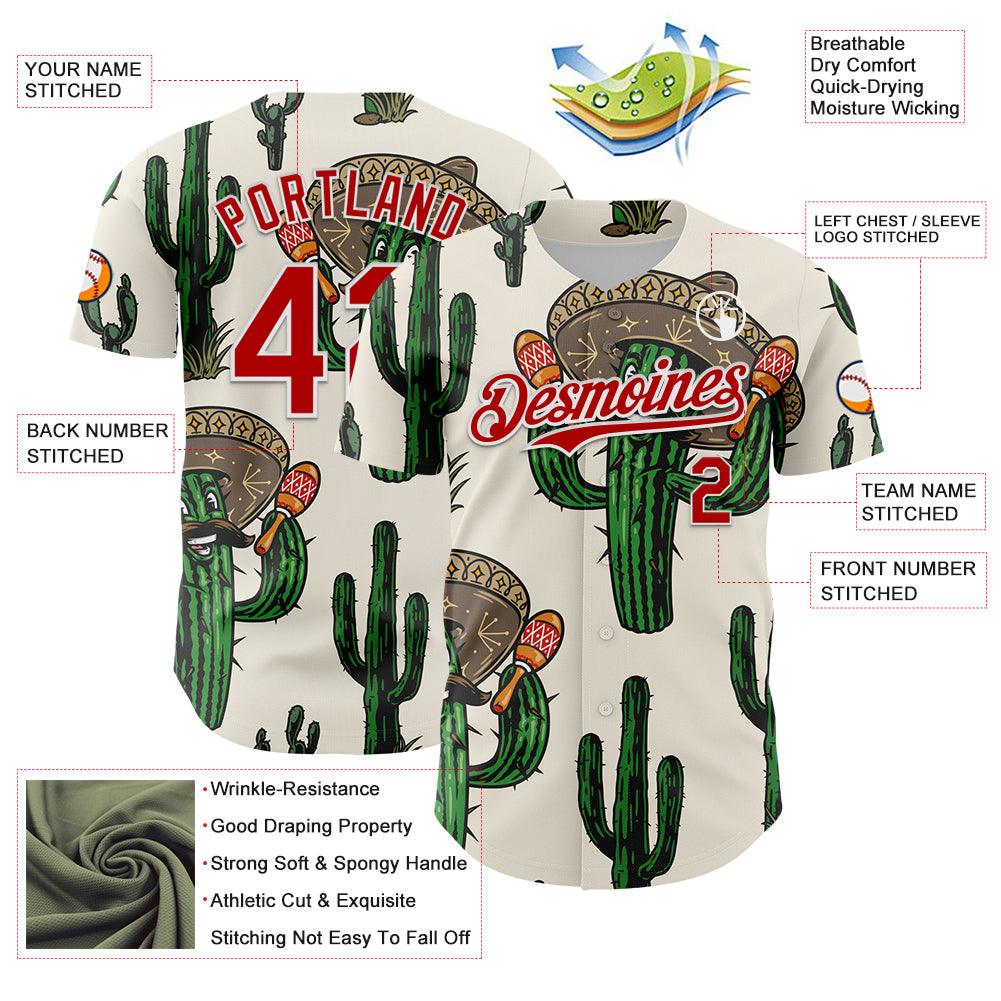 Custom Cream Red-White 3D Mexican Cactus Authentic Baseball Jersey