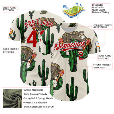 Custom Cream Red-White 3D Mexican Cactus Authentic Baseball Jersey
