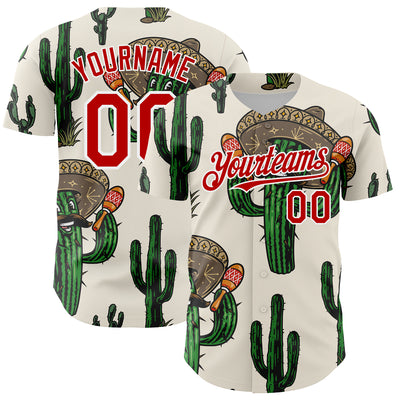 Custom Cream Red-White 3D Mexican Cactus Authentic Baseball Jersey